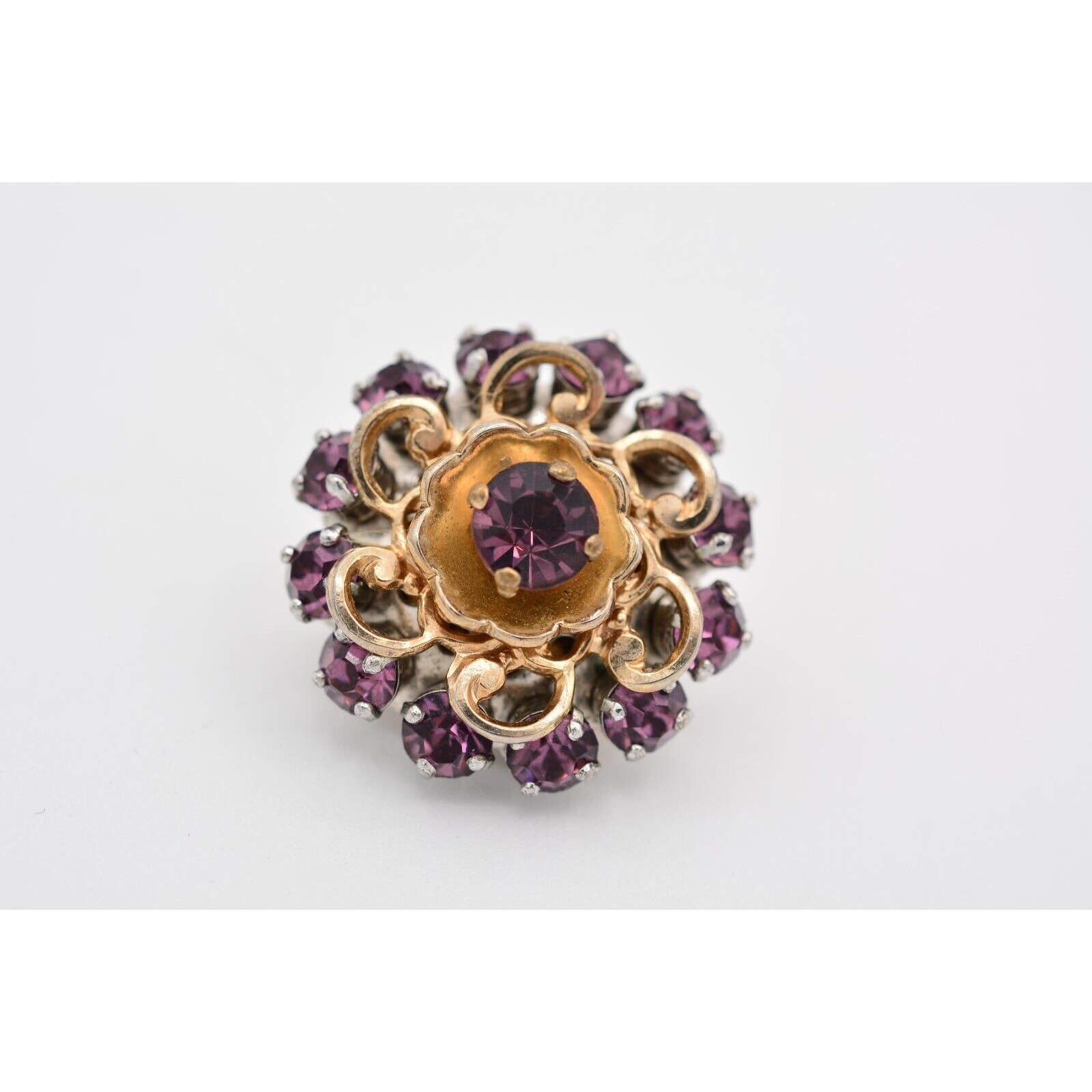 Barclay Vintage Flower Pin Brooch Purple Rhinestone Crystal Signed 1940s Binat